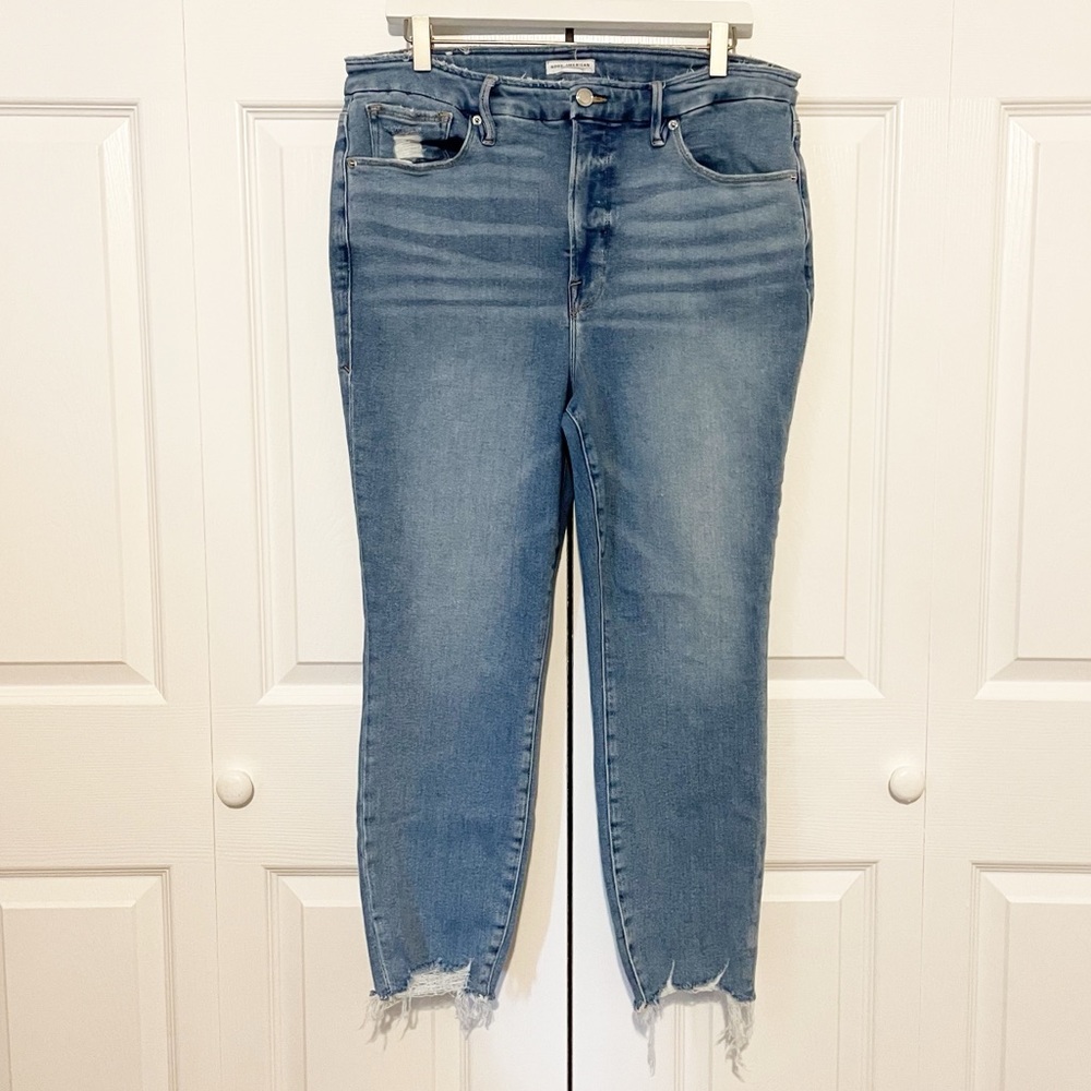 Good American Good Waist Crop Jeans High Rise Raw Hem Size 16 Distressed Stretch